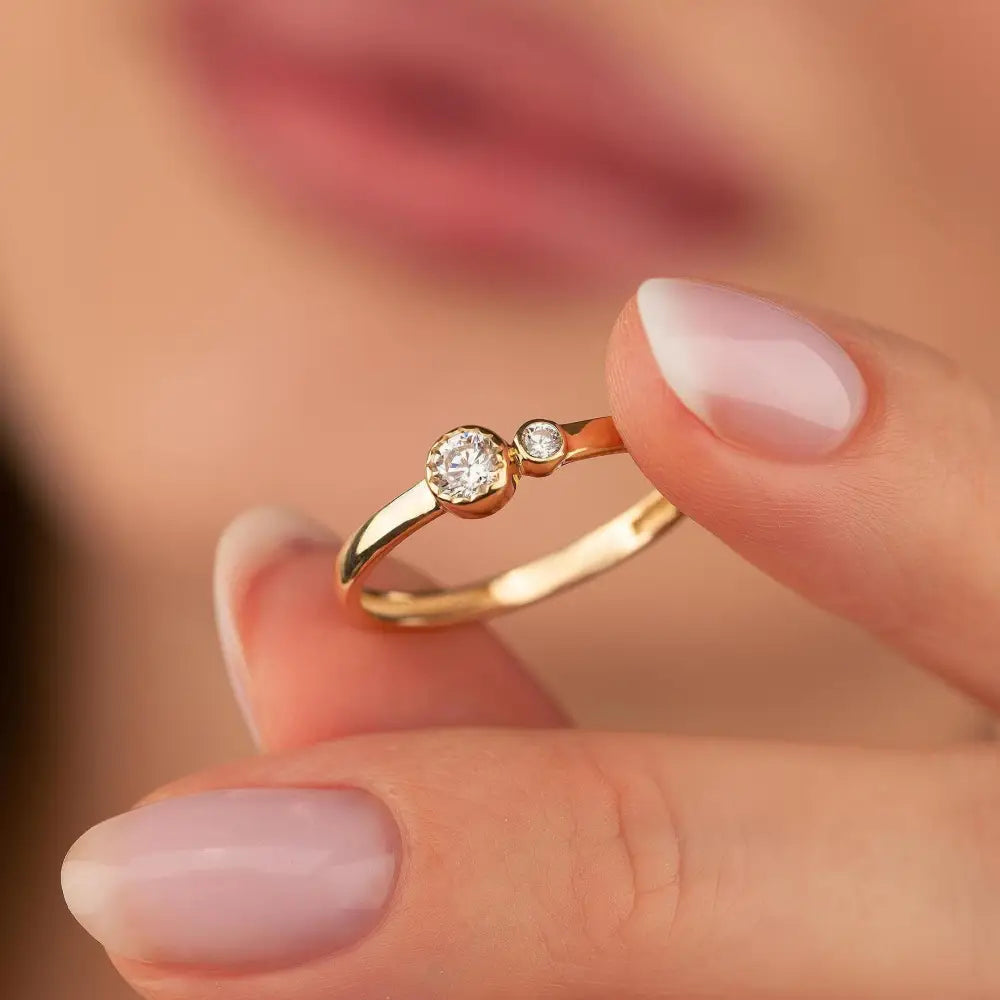 14K Dainty Double Stone Ring Gold Bezel Set Asymmetric Design Minimal Everyday Jewelry
