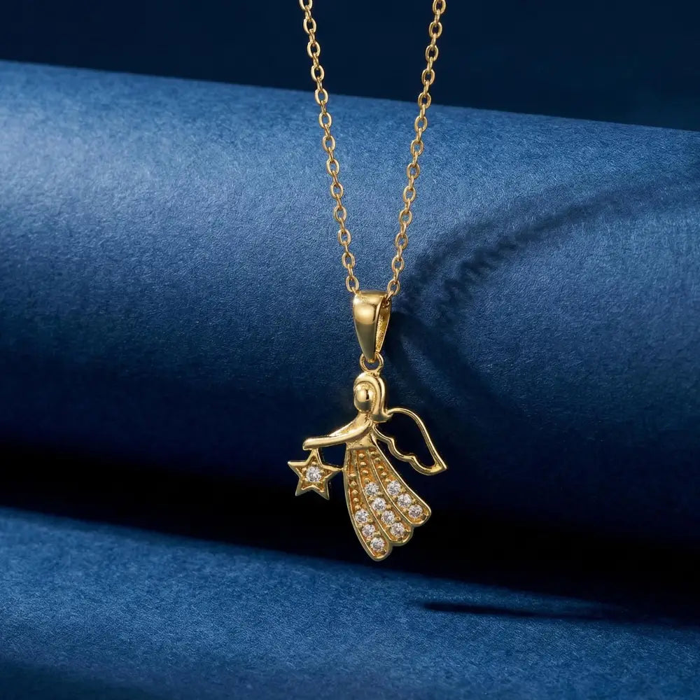 14K Gold Angel Necklace CZ Stone Star Pendant Dainty Charm Necklace Jewelry for Women