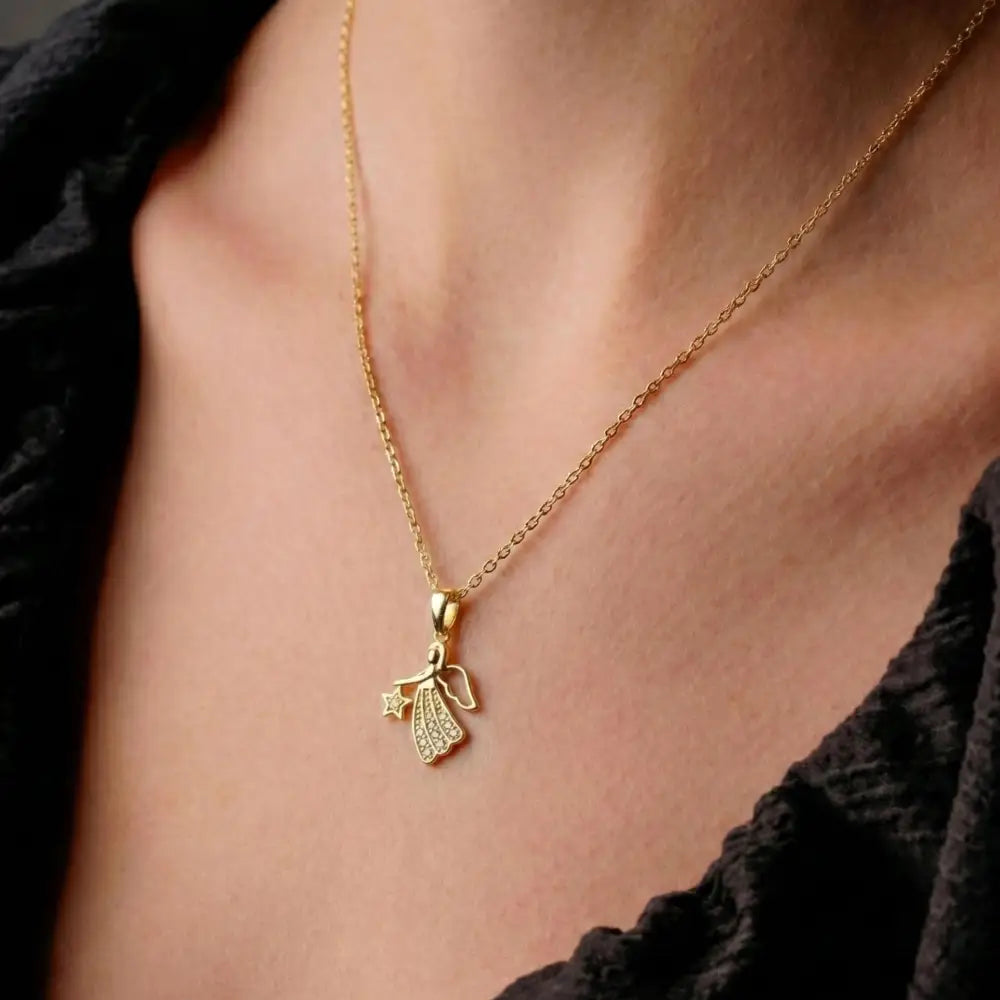14K Gold Angel Necklace CZ Stone Star Pendant Dainty Charm Necklace Jewelry for Women
