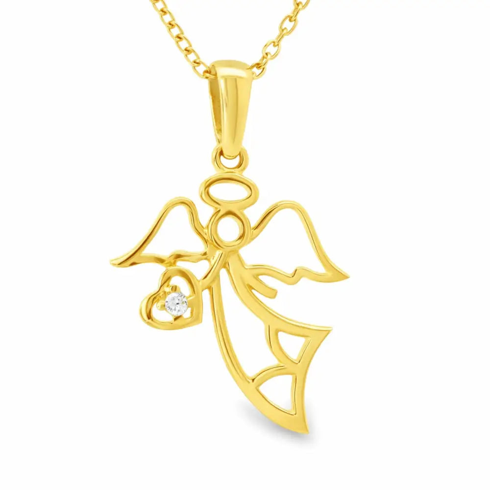 14K Gold Angel Necklace Minimal Pendant with CZ Stone Heart Dainty Jewelry for Women - Pendants