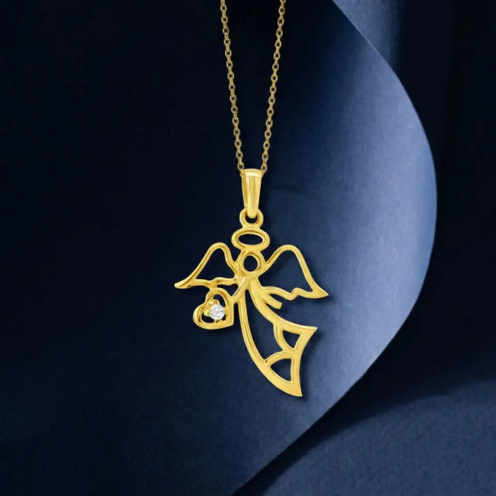 14K Gold Angel Necklace Minimal Pendant with CZ Stone Heart Dainty Jewelry for Women - Pendants