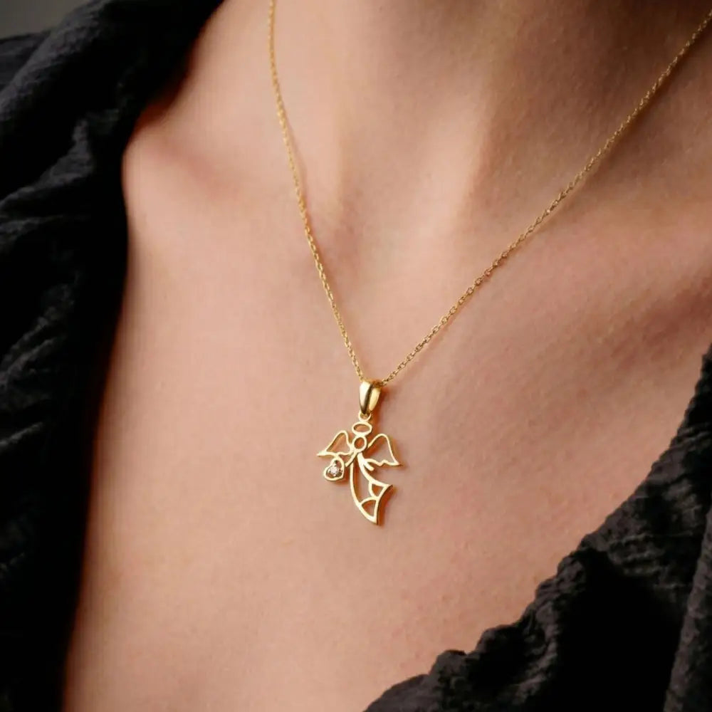 14K Gold Angel Necklace Minimal Pendant with CZ Stone Heart Dainty Jewelry for Women - Pendants
