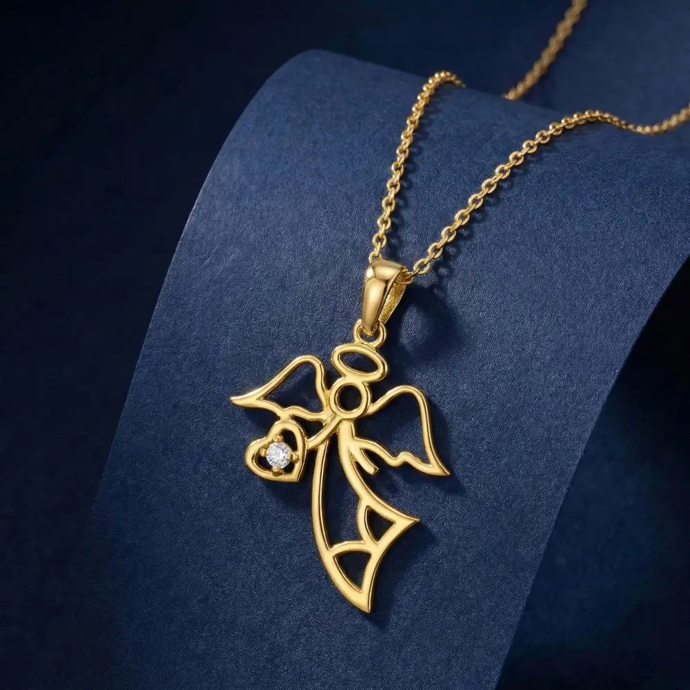 14K Gold Angel Necklace Minimal Pendant with CZ Stone Heart Dainty Jewelry for Women - Pendants