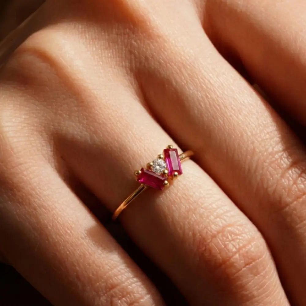 14K Gold Baguette Ring Pink Stone Trio Minimal Elegant Jewelry for Women