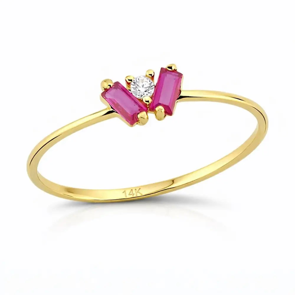 14K Gold Baguette Ring Pink Stone Trio Minimal Elegant Jewelry for Women
