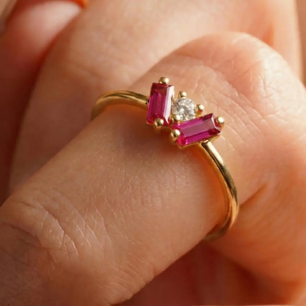 14K Gold Baguette Ring Pink Stone Trio Minimal Elegant Jewelry for Women