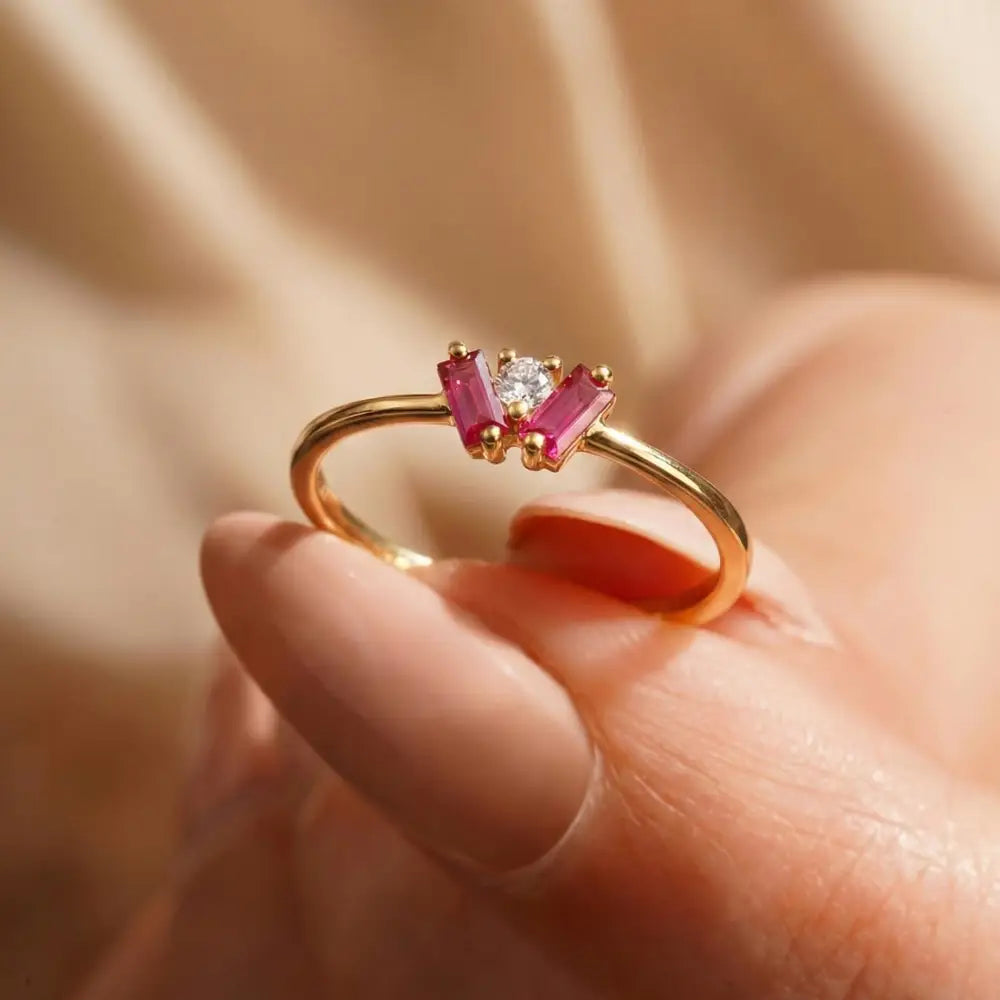 14K Gold Baguette Ring Pink Stone Trio Minimal Elegant Jewelry for Women