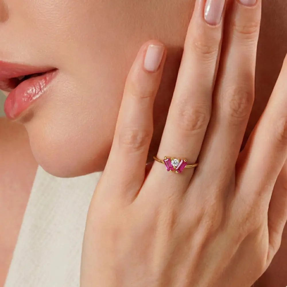 14K Gold Baguette Ring Pink Stone Trio Minimal Elegant Jewelry for Women