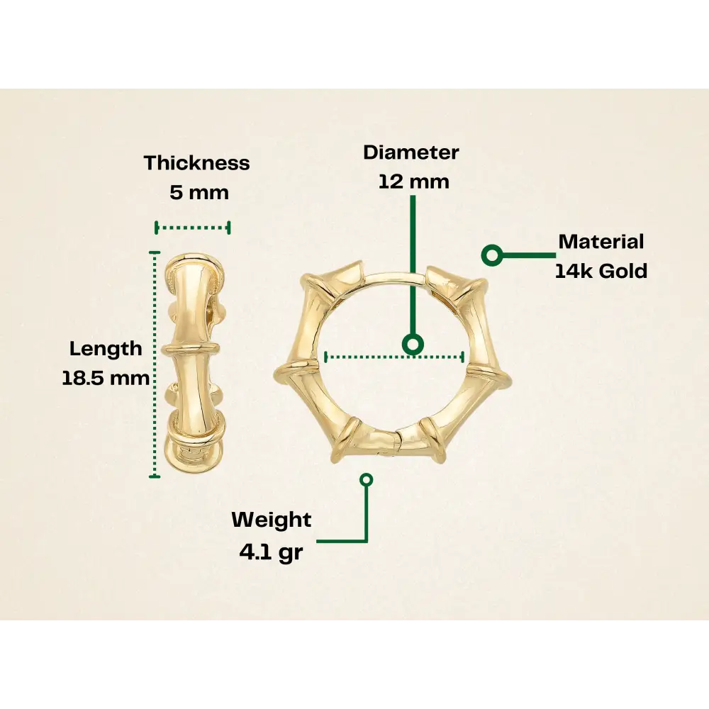 14K Gold Bamboo Hoop Earrings – 18mm Huggie Push Lock Hoops - Hoop Earrings