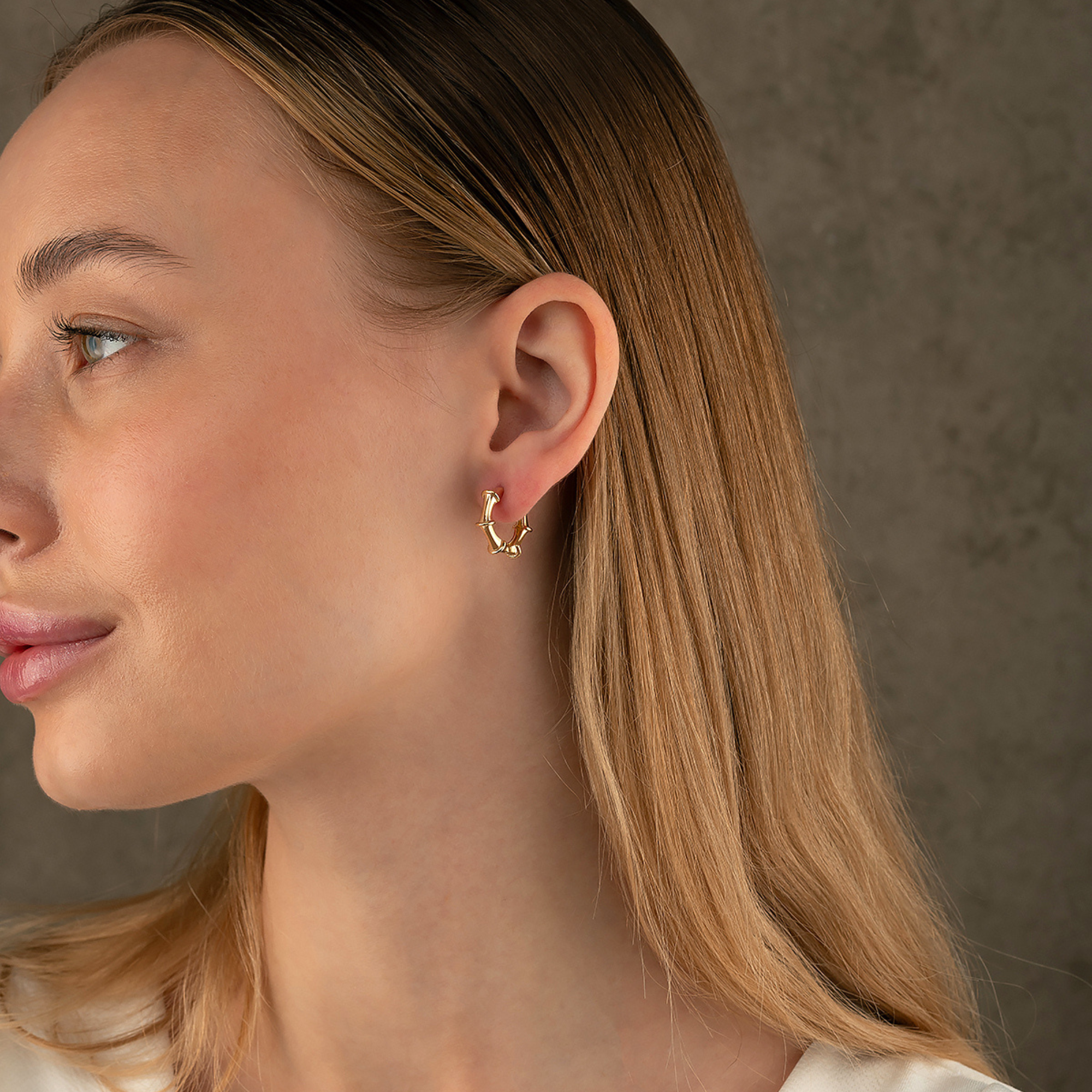 14K Gold Bamboo Hoop Earrings – 18mm Huggie Push Lock Hoops - Hoop Earrings