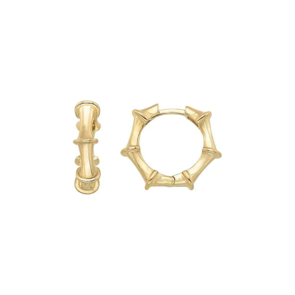 14K Gold Bamboo Hoop Earrings – 18mm Huggie Push Lock Hoops - Single (1 Earring) / Yellow Gold - Hoop Earrings