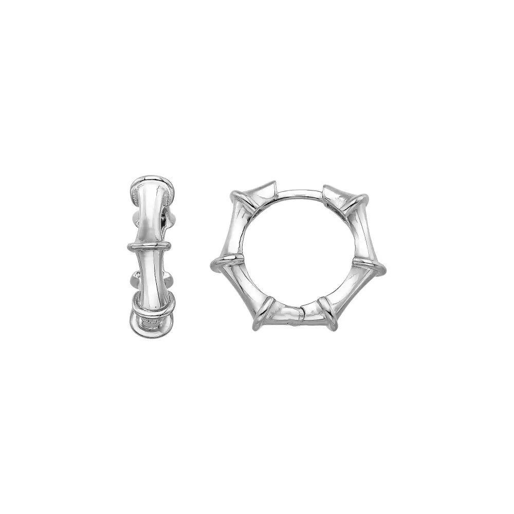 14K Gold Bamboo Hoop Earrings – 18mm Huggie Push Lock Hoops - Single (1 Earring) / White Gold - Hoop Earrings