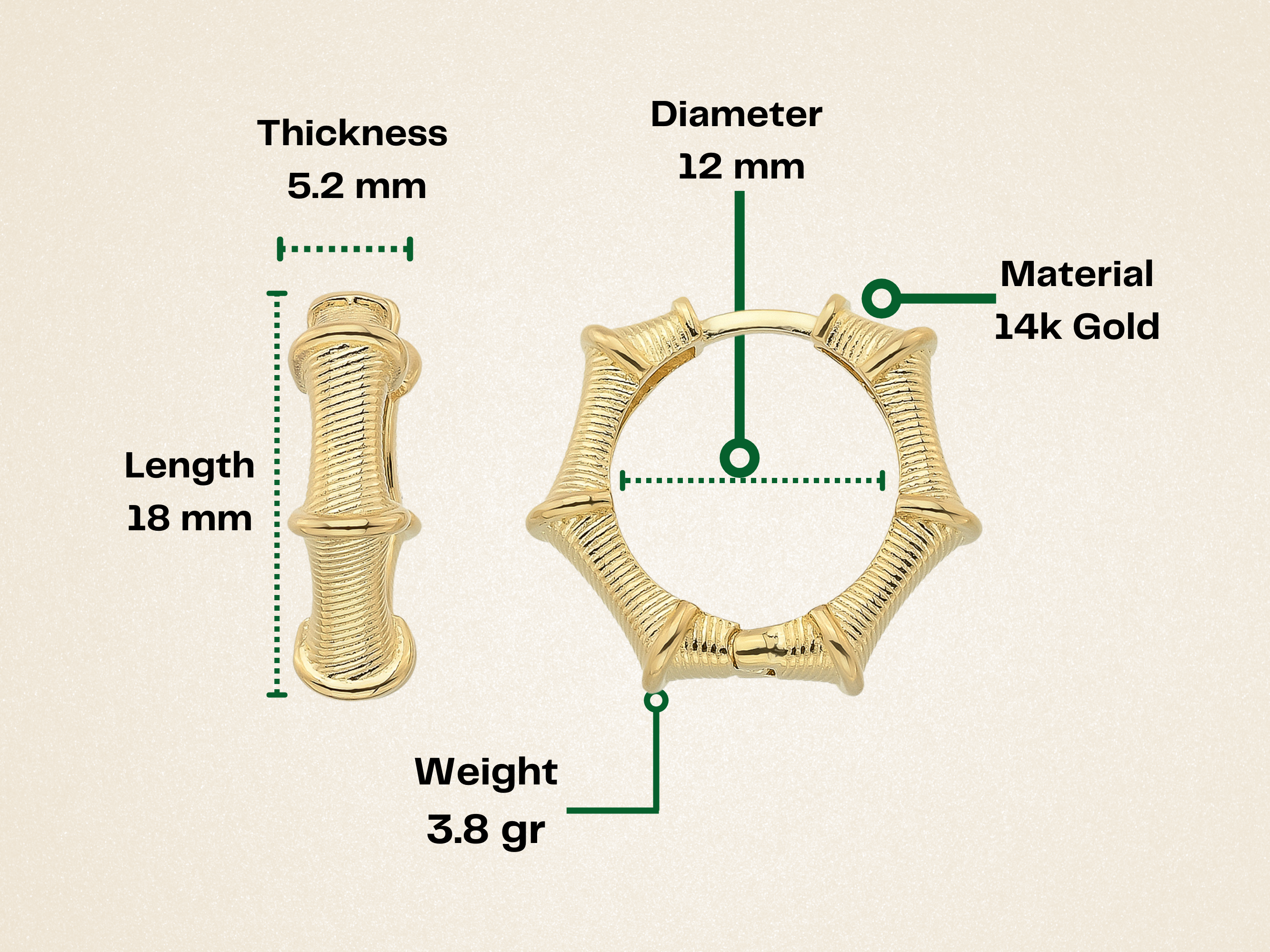 14K Gold Bamboo Hoop Earrings – Ribbed Huggie Push Lock Hoops - Earrings