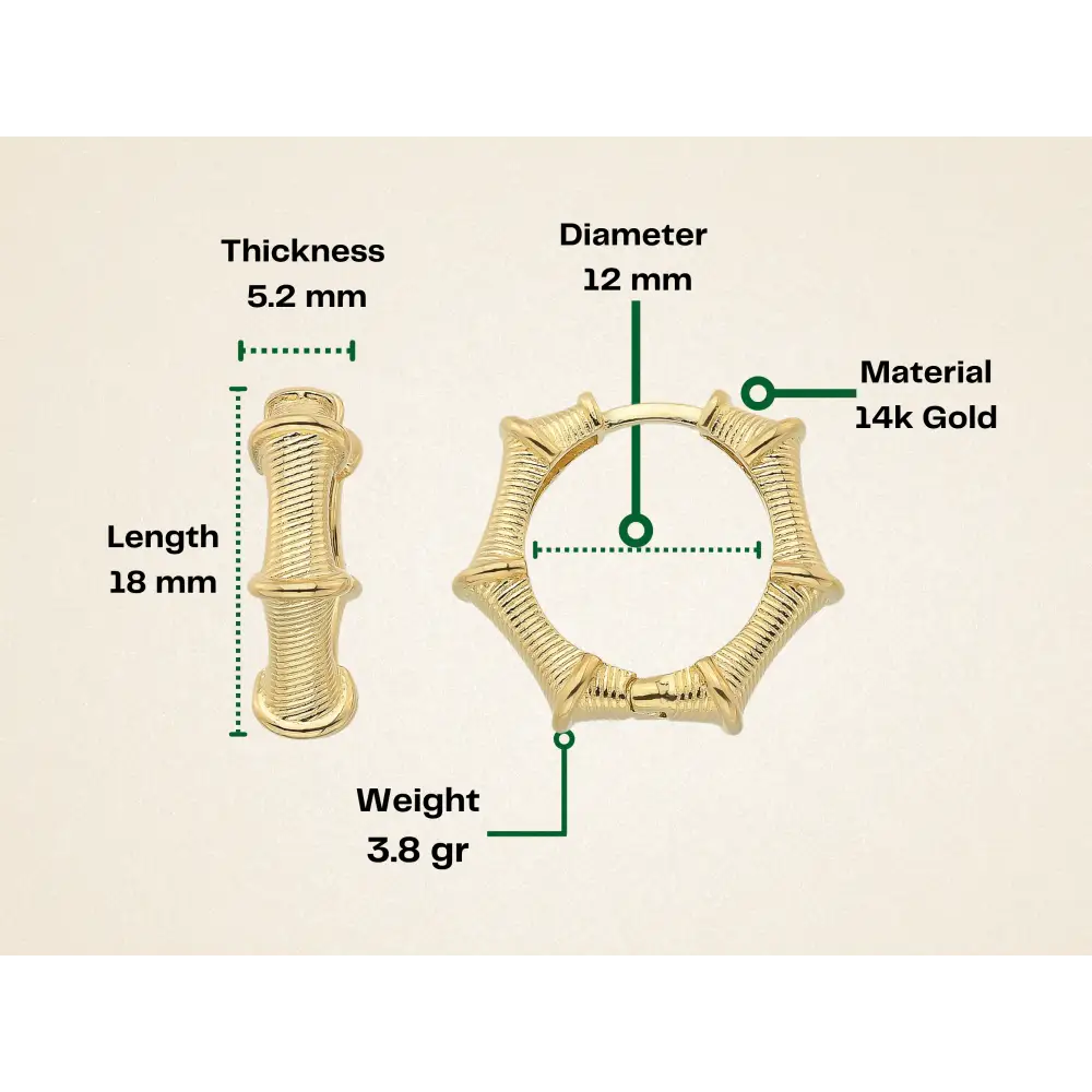 14K Gold Bamboo Hoop Earrings – Ribbed Huggie Push Lock Hoops - Earrings