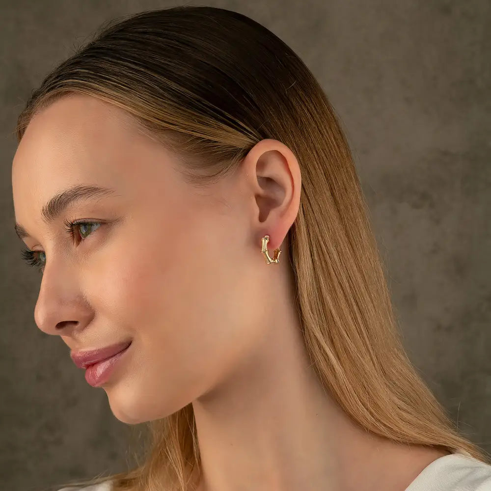 14K Gold Bamboo Hoop Earrings – Ribbed Huggie Push Lock Hoops - Earrings