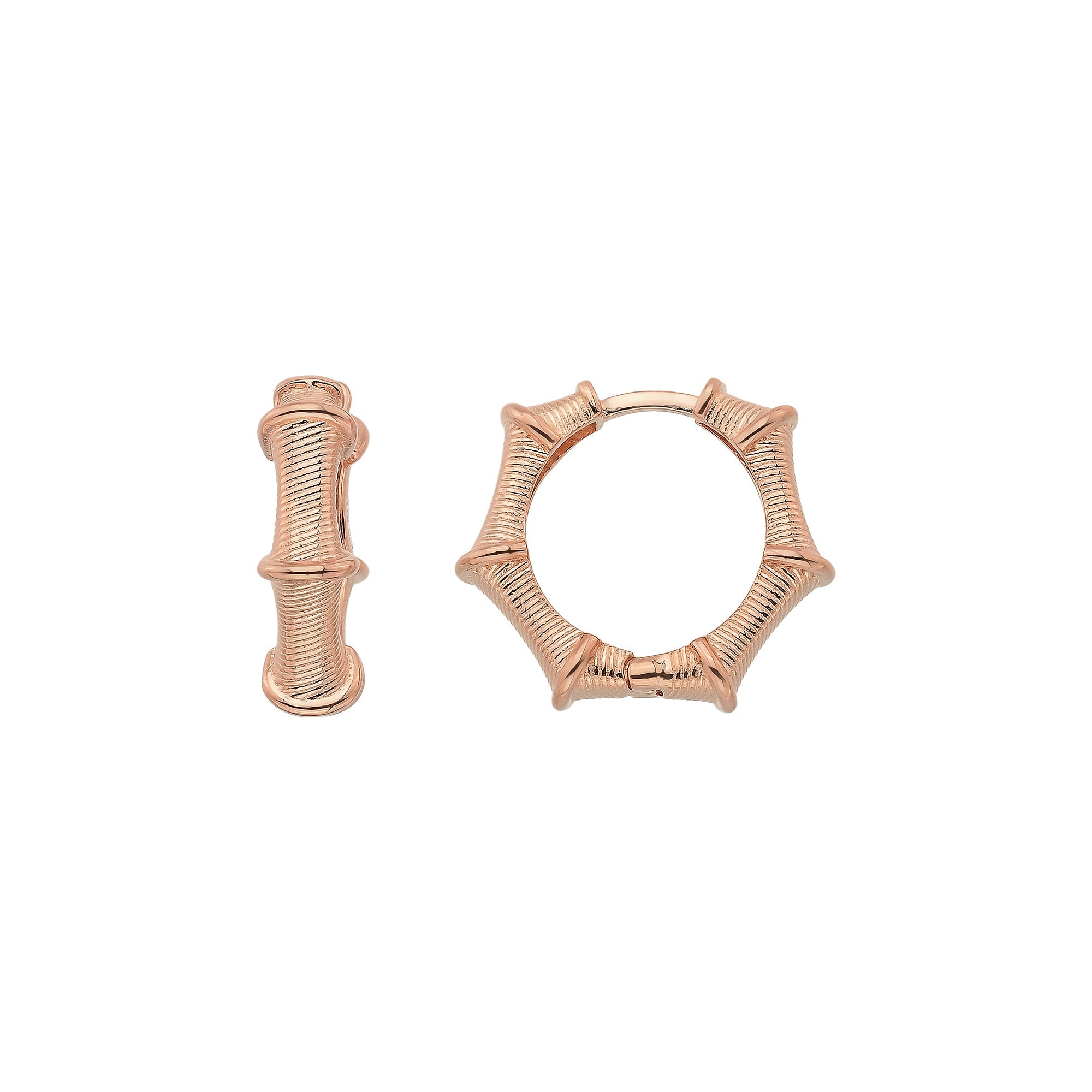 14K Gold Bamboo Hoop Earrings – Ribbed Huggie Push Lock Hoops - Single (1 Earring) / 14K Rose Gold - Earrings
