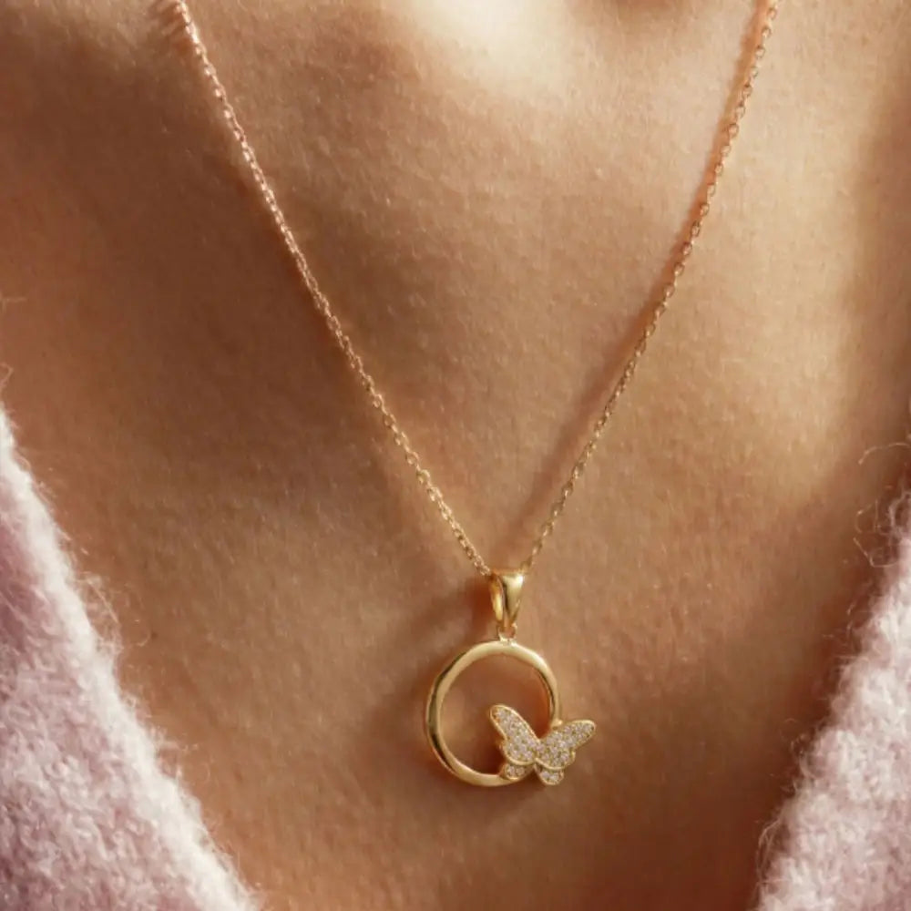 14K Gold Butterfly Necklace Circle Pendant Charm Dainty Nature Jewelry Gift - Pendants