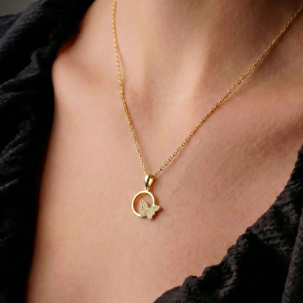 14K Gold Butterfly Necklace Circle Pendant Charm Dainty Nature Jewelry Gift - Pendants