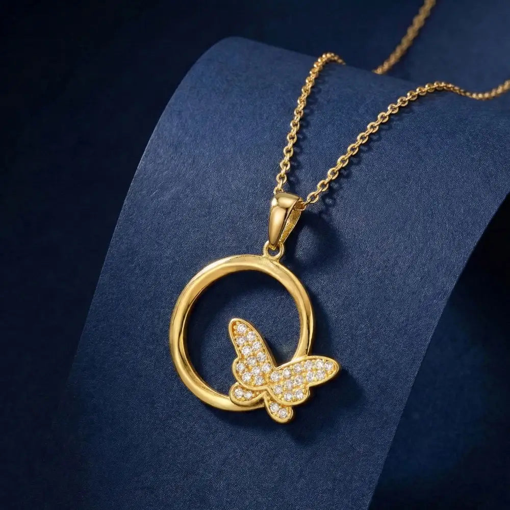 14K Gold Butterfly Necklace Circle Pendant Charm Dainty Nature Jewelry Gift - Pendants