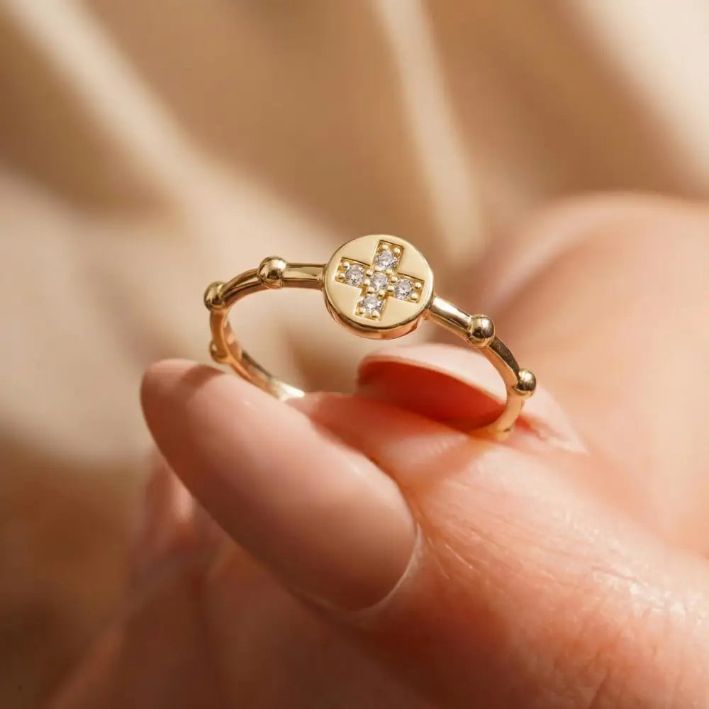 14K Gold Cross Ring with CZ Stone Faith Jewelry Elegant Adjustable Band - Band Ring