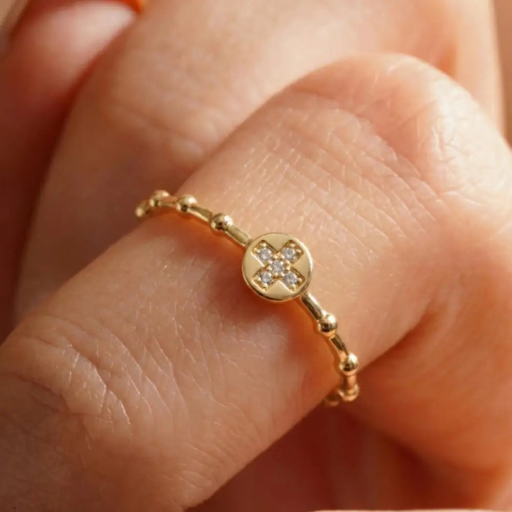 14K Gold Cross Ring with CZ Stone Faith Jewelry Elegant Adjustable Band