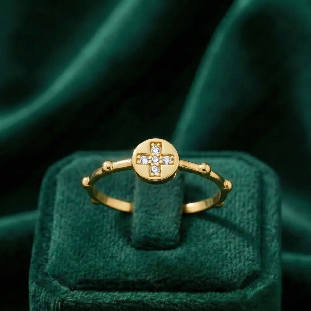 14K Gold Cross Ring with CZ Stone Faith Jewelry Elegant Adjustable Band