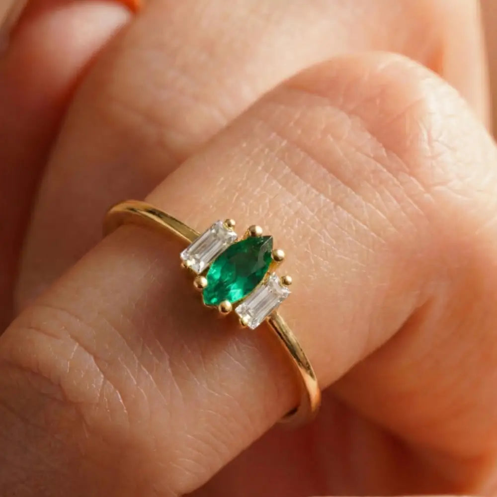 14K Gold Engagement Ring Emerald with Diamonds Unique Three Stone Jewelry for Women