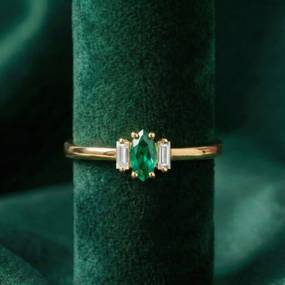 14K Gold Engagement Ring Emerald with Diamonds Unique Three Stone Jewelry for Women