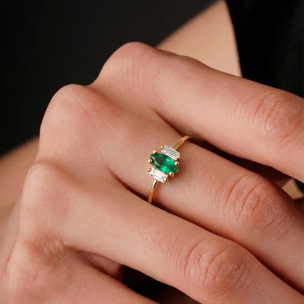 14K Gold Engagement Ring Emerald with Diamonds Unique Three Stone Jewelry for Women