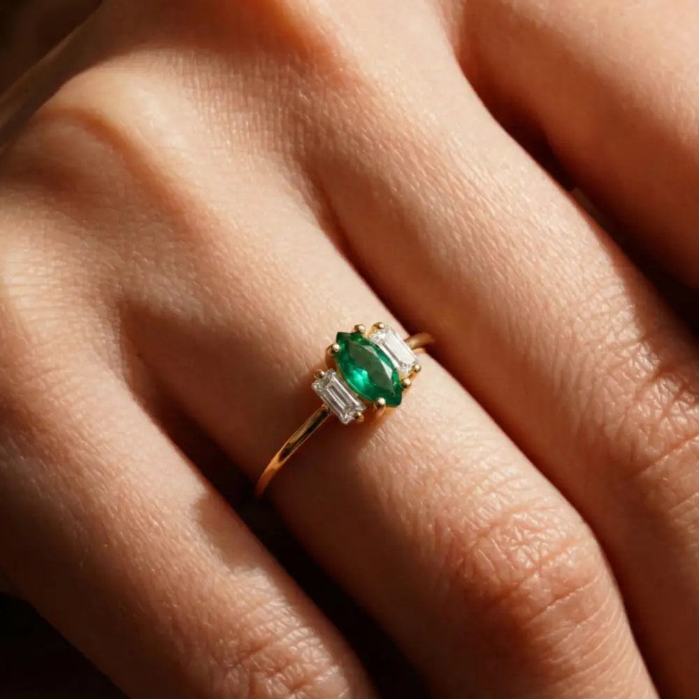 14K Gold Engagement Ring Emerald with Diamonds Unique Three Stone Jewelry for Women