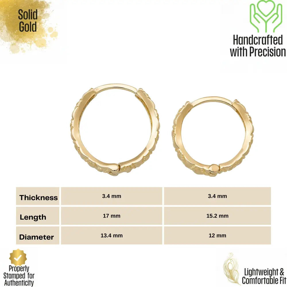 14K Gold Engraved Hoop Earrings Handcrafted Geometric Textured Design Jewelry for Her - Hoop Earrings