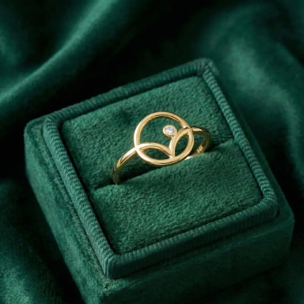 14K Gold Floral CZ Stone Ring Simple Elegant Design Adjustable Band for Women