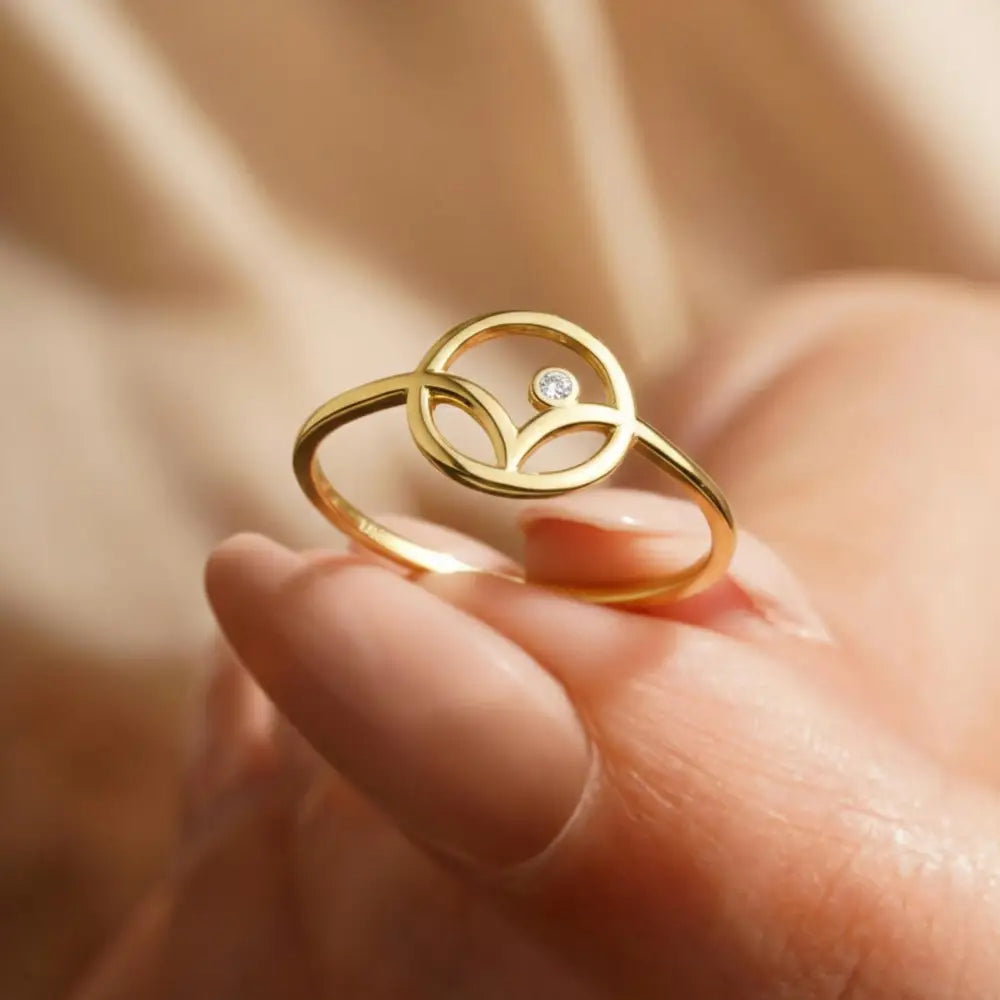 14K Gold Floral CZ Stone Ring Simple Elegant Design Adjustable Band for Women