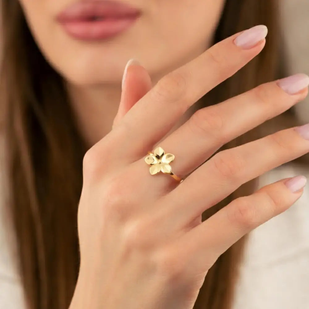 14K Gold Flower Ring Handcrafted Petal-Shaped Floral Design Minimalist Jewelry for Women