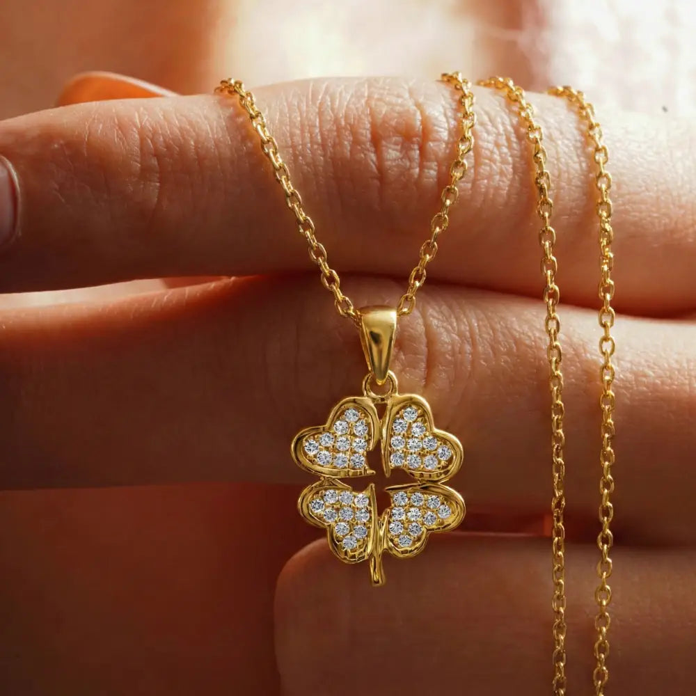 14K Gold Four Leaf Clover Necklace Heart CZ Stone Twisted Rope Band Luck Pendant