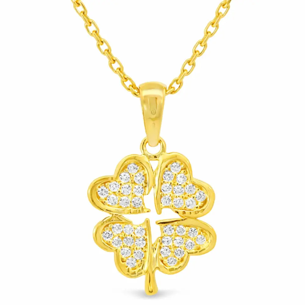 14K Gold Four Leaf Clover Necklace Heart CZ Stone Twisted Rope Band Luck Pendant