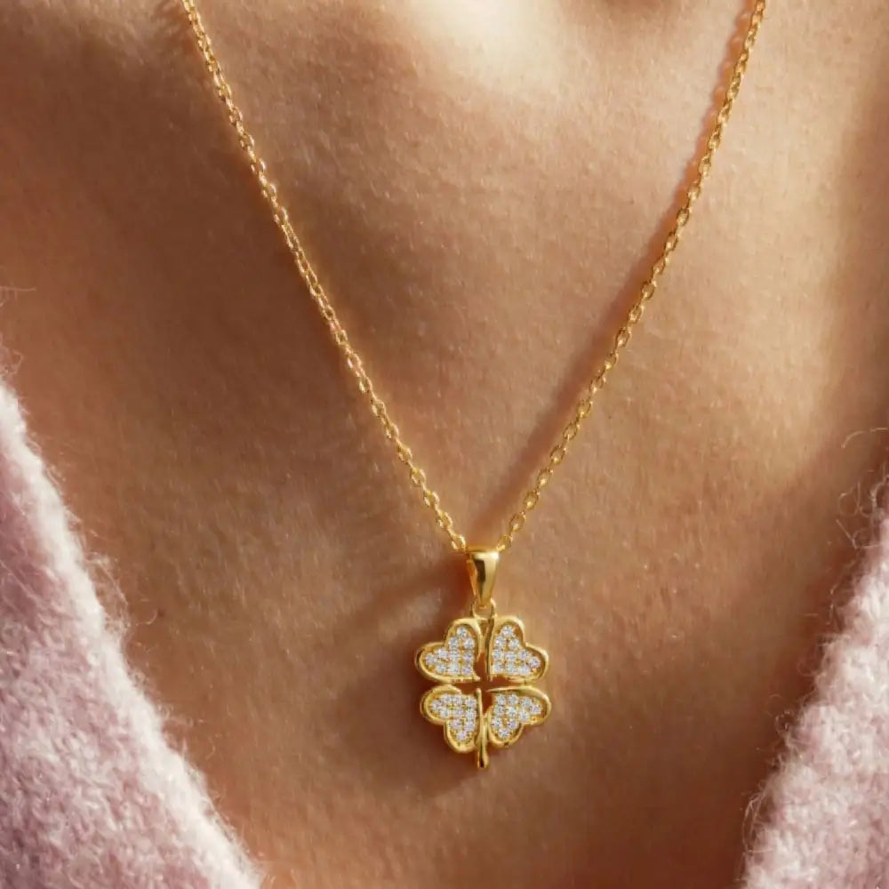 14K Gold Four Leaf Clover Necklace Heart CZ Stone Twisted Rope Band Luck Pendant
