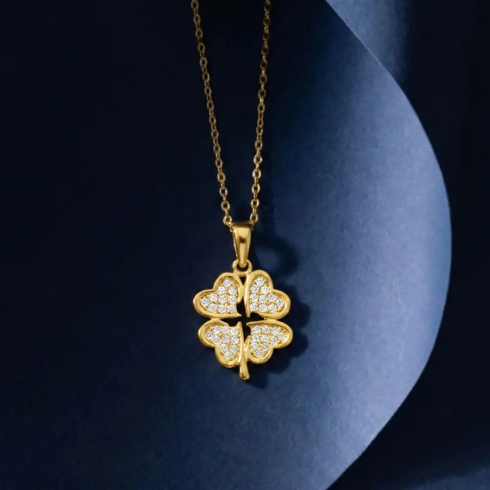 14K Gold Four Leaf Clover Necklace Heart CZ Stone Twisted Rope Band Luck Pendant