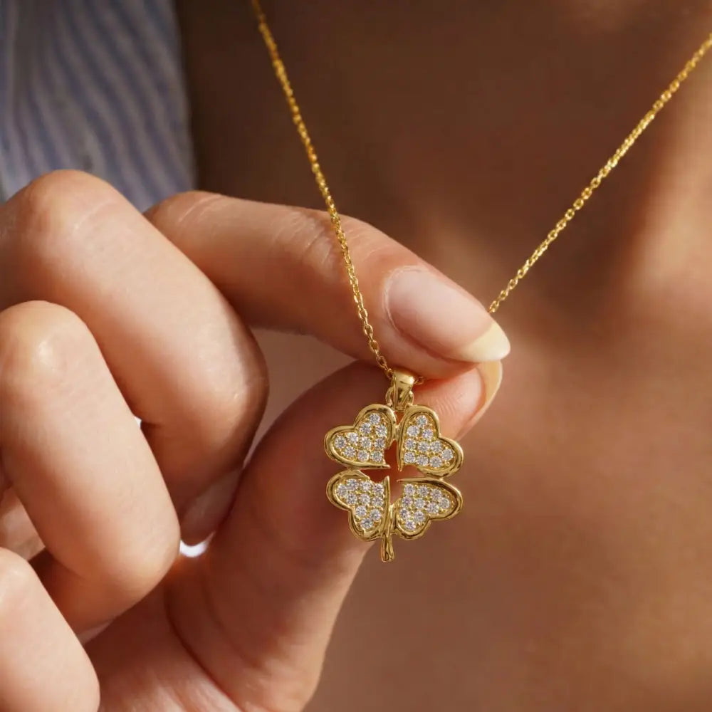 14K Gold Four Leaf Clover Necklace Heart CZ Stone Twisted Rope Band Luck Pendant