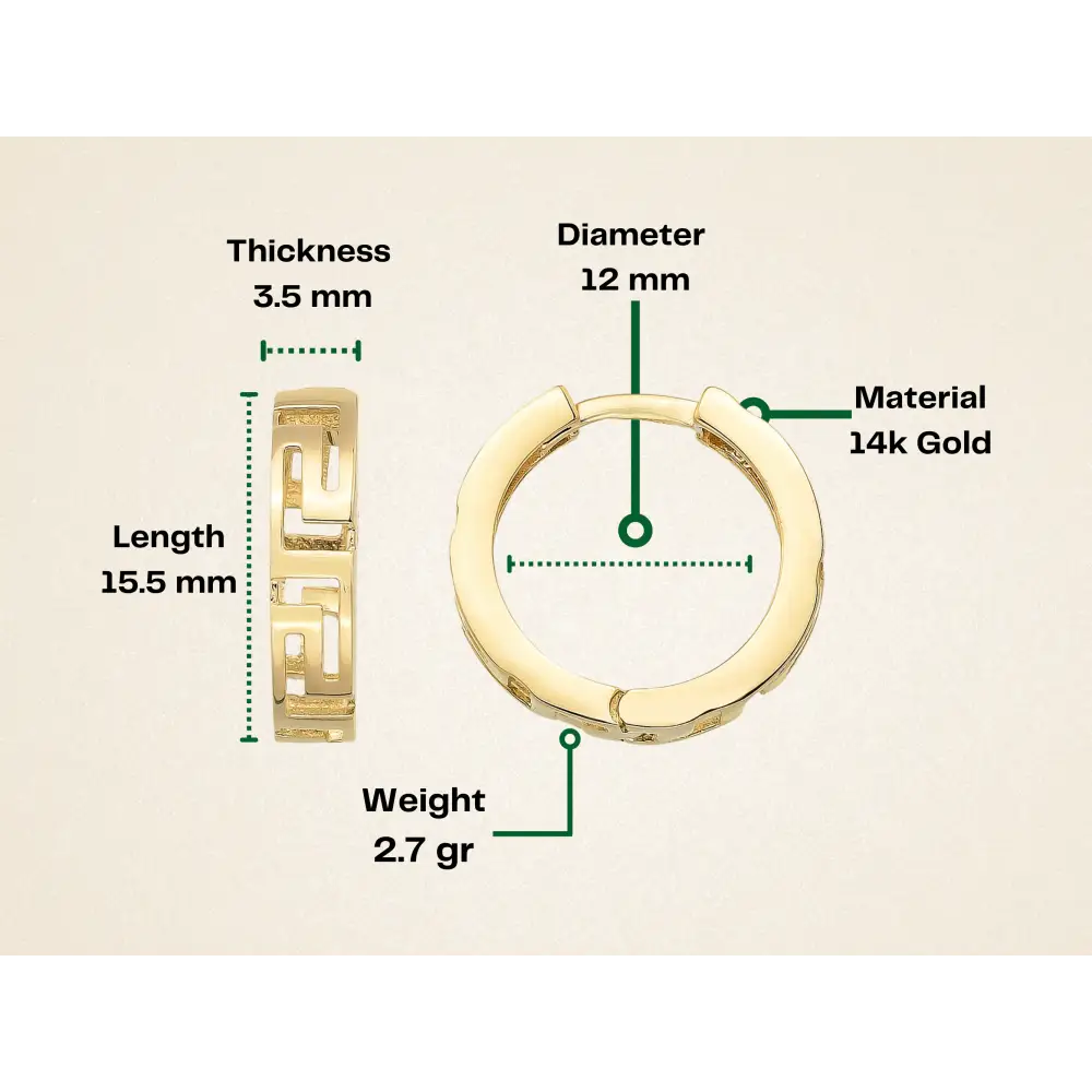 Here’s greek key earrings hoops huggie earring 14K solid gold. As a wide infinity greek key symbol huggy hoop earrings adding sophistication and sparkle to any outfit. The infinity key earring is ideal for stacking or wearing alone. Discover the luxury of our greek pattern gold and large hoop earrings gift for her birthday or anniversary ceremony. If you re looking for 14k solid gold hoop and everyday wear hoops, here is the wide greek hoops and meander earrings for yourself.