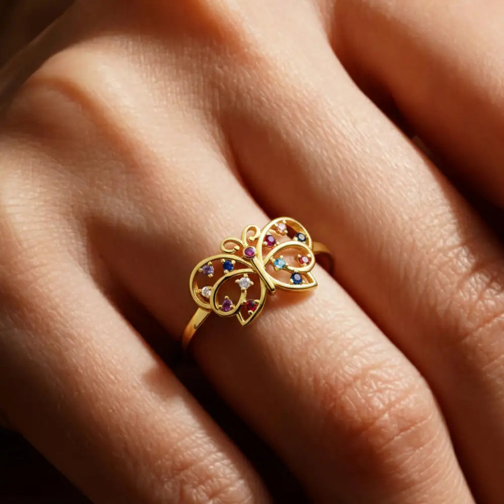 14K Gold Handmade Butterfly Ring Multicolor Gemstone Nature Design Elegant Fine Jewelry Ring