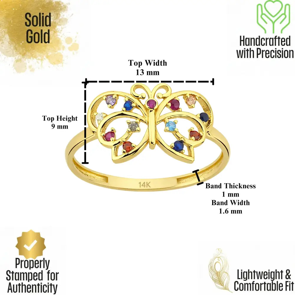 14K Gold Handmade Butterfly Ring Multicolor Gemstone Nature Design Elegant Fine Jewelry Ring - Engagement Ring