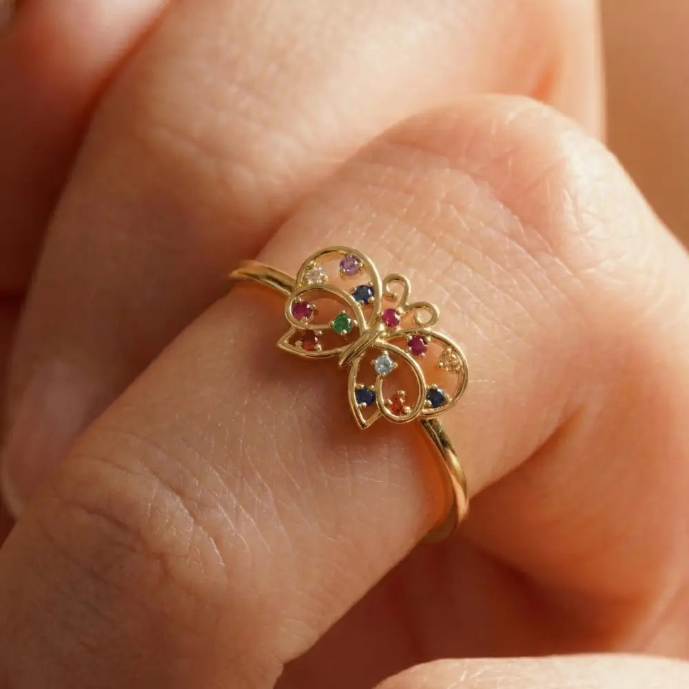 14K Gold Handmade Butterfly Ring Multicolor Gemstone Nature Design Elegant Fine Jewelry Ring