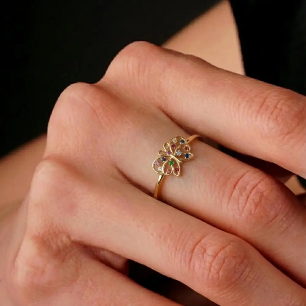 14K Gold Handmade Butterfly Ring Multicolor Gemstone Nature Design Elegant Fine Jewelry Ring - Engagement Ring