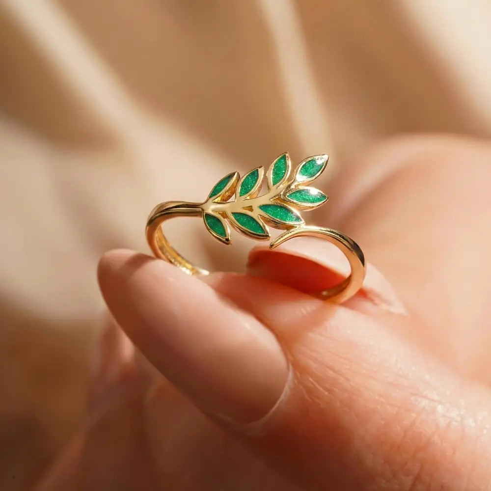 14K Gold Olive Leaf Ring Green Branch Nature Inspired Minimal Jewelry for Women