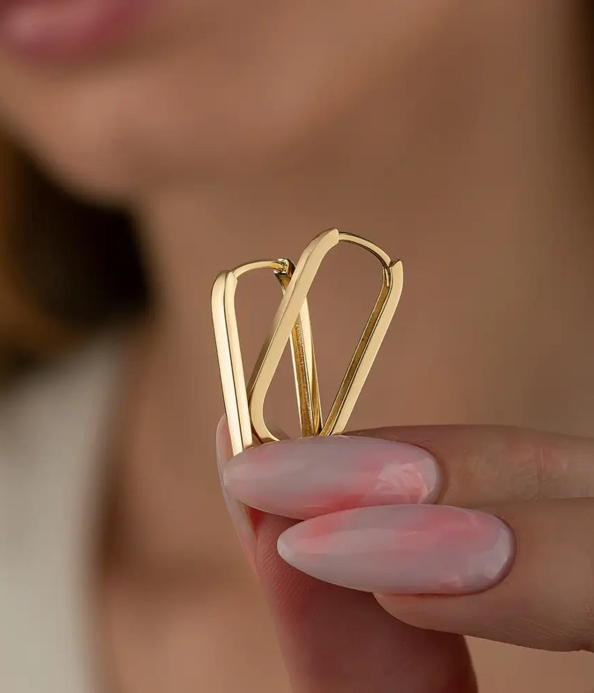 14K Gold Oval Hoop Earrings – Tiny Rectangular Huggies in 16mm 19mm 24mm - Single Small / 14K Yellow Gold - Hoop