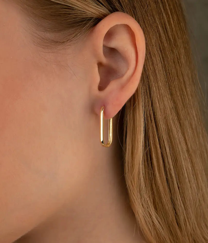 14K Gold Oval Hoop Earrings – Tiny Rectangular Huggies in 16mm 19mm 24mm - Hoop Earrings