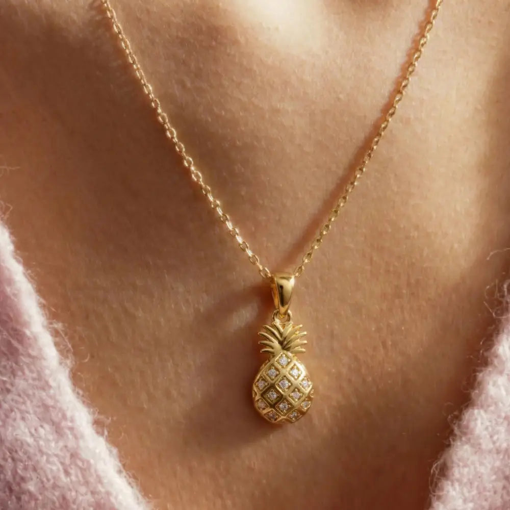 14K Gold Pineapple Pendant Necklace With Diamonds Unique Fruit Jewelry Handmade - Jewelry