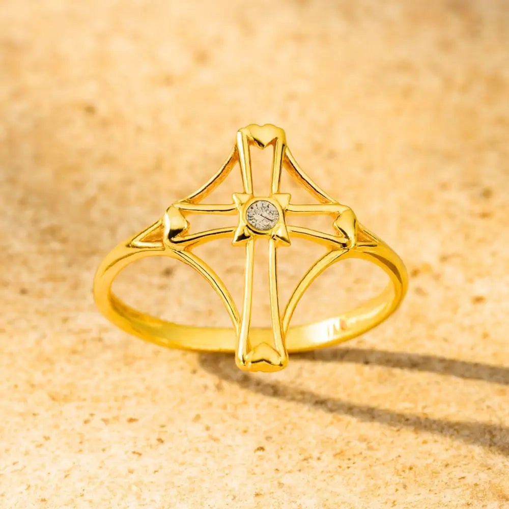 14K Gold Rosary Cross Ring Simulated Diamond Religious Gift