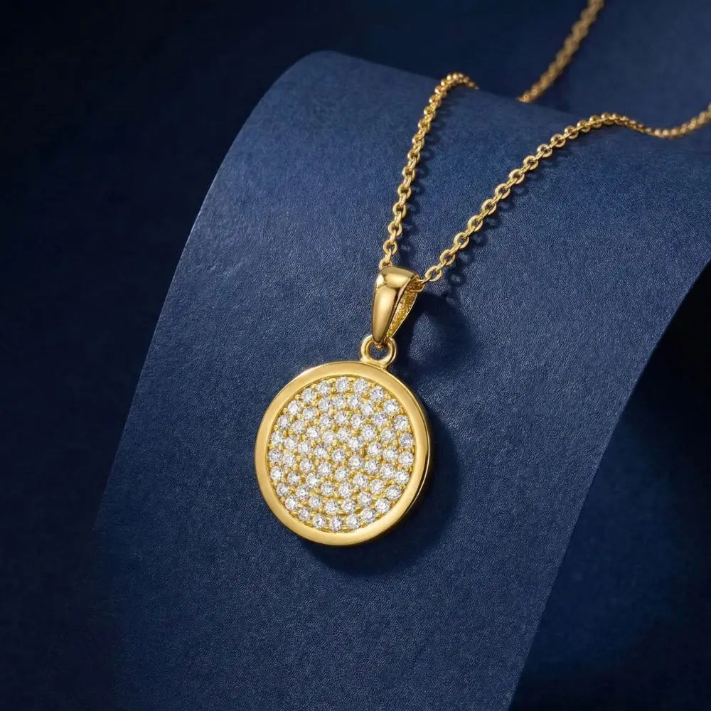 14K Gold Round Pavé CZ Stone Necklace Sparkling Circle Pendant Minimal Luxury Gold Jewelry - Pendants